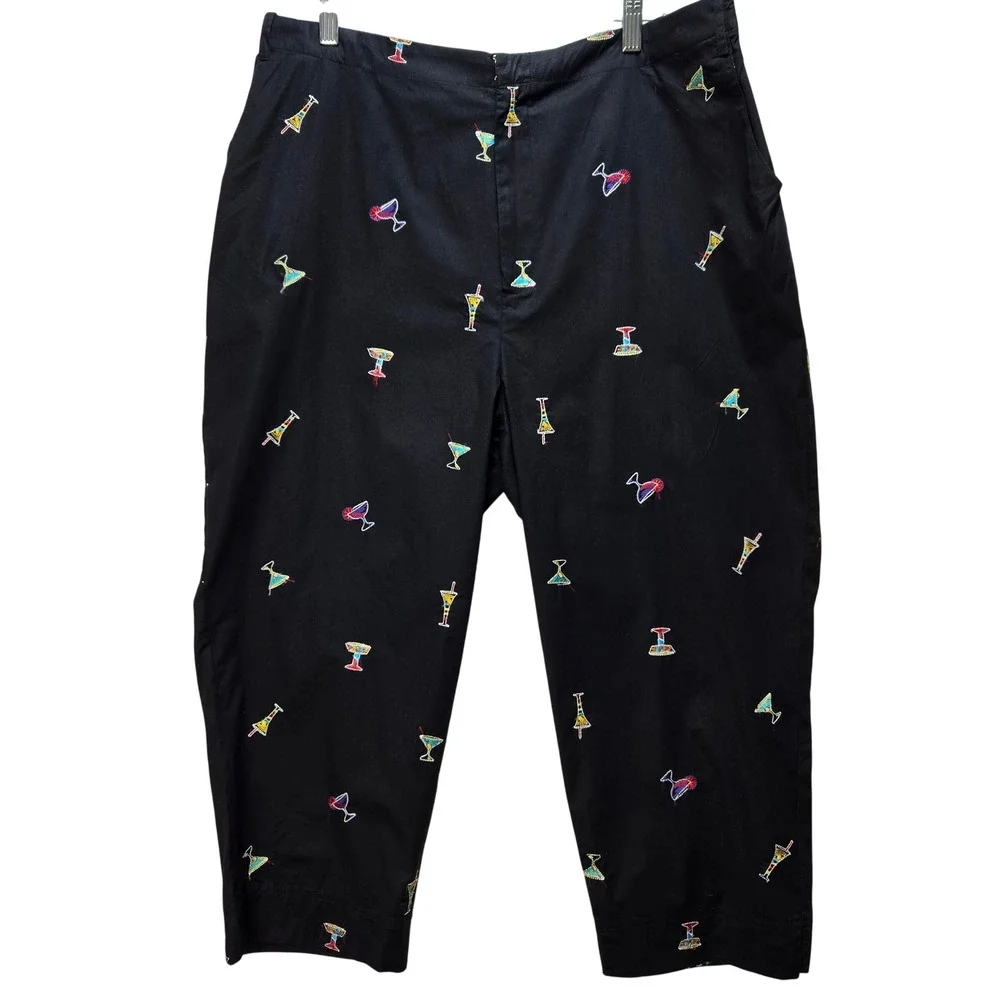 ELCC XL Size 14 Black Crop Pants Embroidered Martini Margarita Cocktail  #1337